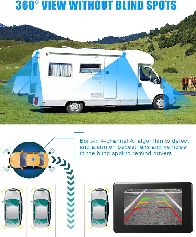 RV Backup Camera System AI WiFi GPS 7 inch Touch Screen Monitor Vehicle Recording with 4 Pieces 1080P Rear Side View Waterproof Camera Live View on APP/Web/PC for Camper RV Truck Trailer Tractor Fleet