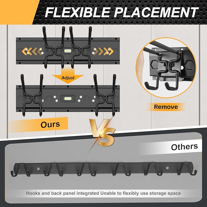 Garage Tool Organizer Wall Mounted, 48 Inches Adjustable Lawn Tool Organizers for Garage, 7 Adjustable Wall Hooks Heavy Duty Yard Tool Organizer Hold Up to 600lbs
