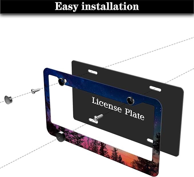 Car Plate Frame for Women Multicolor License Plate Frames for Men Forest Night Sky Universal Aluminum Car Accessory 2 Pack with Screw Covers Set