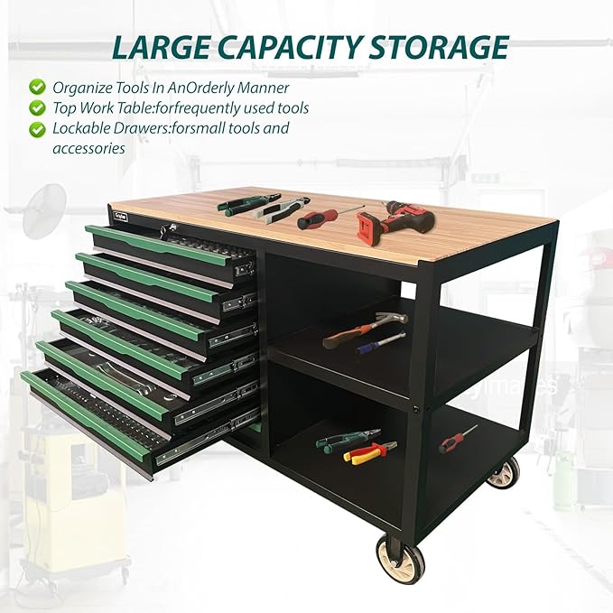 7-Drawers Professional Tool Cart Cabinet,Rolling Tool Chest with Double Shelves,Wood Workbench,Brake Wheels,51.1W x 18.9D x 32.3H inches for Garage, Workshop, or Outdoor Use(7 Drawers)