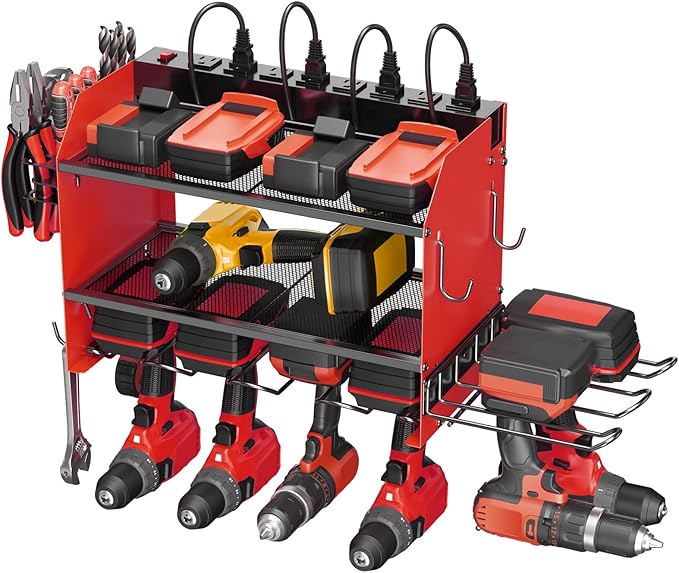CCCEI Modular Power Tool Organizer Wall Mount Charging Station, Red 6 Drills Holder with 8 Plug Power Strip, Garage Drill Battery Heavy Duty Metal Shelf, Utility Rack with Hooks, Side Storage.
