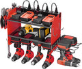 CCCEI Modular Power Tool Organizer Wall Mount Charging Station, Red 6 Drills Holder with 8 Plug Power Strip 10FT, Garage Drill Battery Heavy Duty Metal Shelf, Utility Rack with Hooks, Side Storage.
