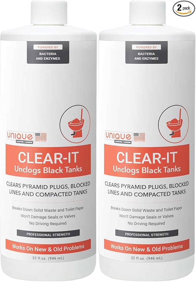 Unique Clear-It RV Black Tank Unclogger Liquid - Breaks Through Pyramid Plugs, Compacted Tanks, and Clogged Pipes 32 oz (2-Pack)