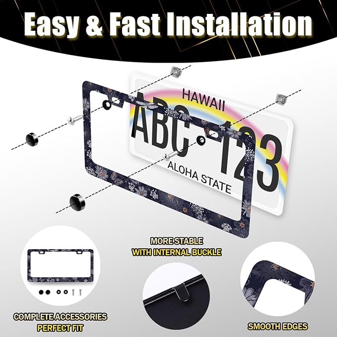 Blue Folk Art Flowers License Plate Frame Colorful Floral License Plate Holder Stainless Steel Funny Design with 2 Holes and Screws 12.3" x 6.3"