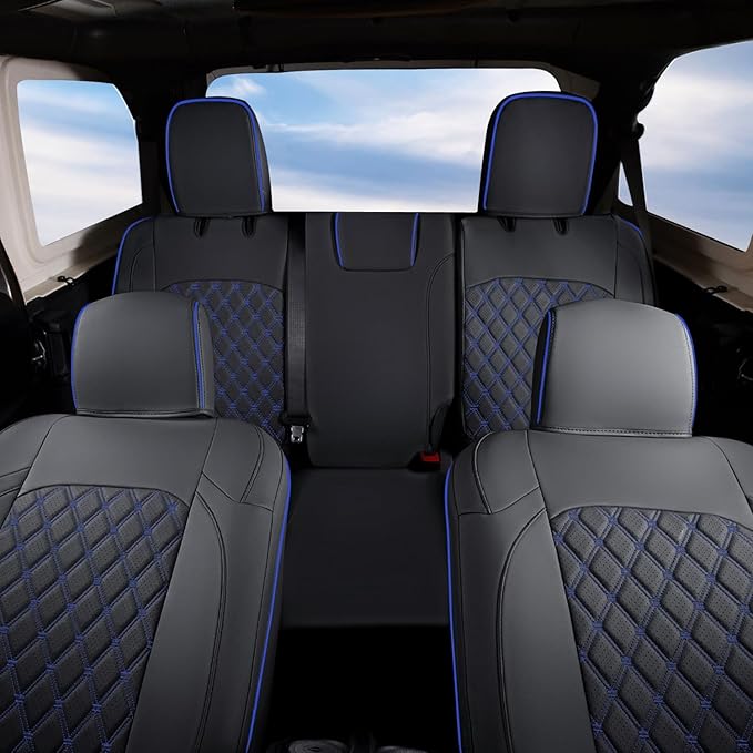 GIANT PANDA Fit Full Set Car Seat Covers for Jeep Wrangler 4 Door JL Sahara Sport Rubicon Unlimited Willys 2018 2019 2020 2021 2022 2023 2024 2025 Without Rear Cup Holder,Faux Leather - (Black+Blue)