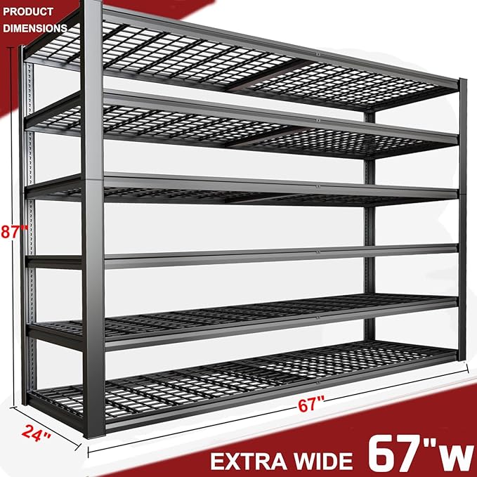 67" W Garage Shelving Heavy Duty, Adjustable 6 Tier Metal Shelves, Commercial Metal Shelf Rack, Industrial Shelving, 2 Pack