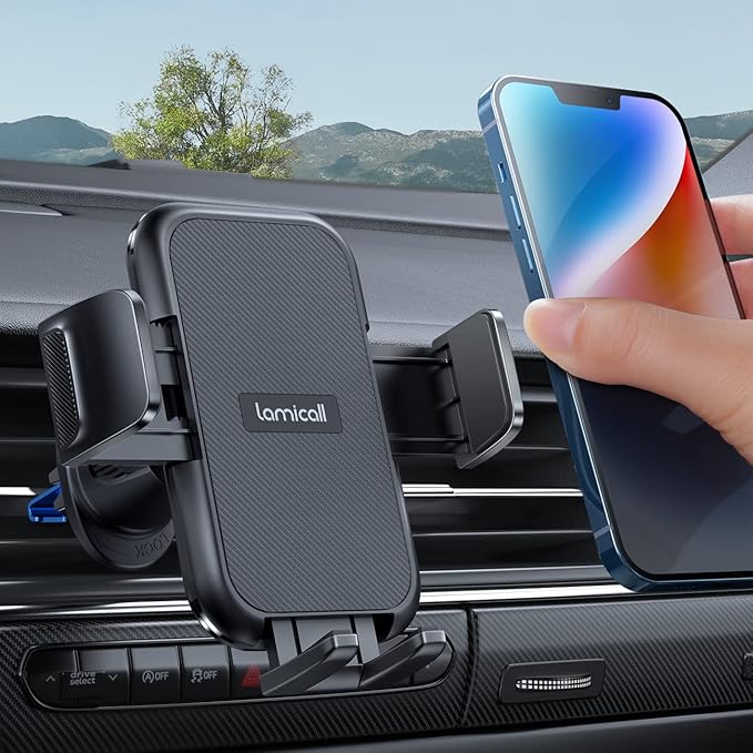 Lamicall 2025 Wider Clamp & Metal Hook Car Phone Holder Vent [Thick Cases Friendly] Phone Holders for Your Car Mount Automobile Hands Free Cradle Air Vent for Smartphone (Dark Grey)