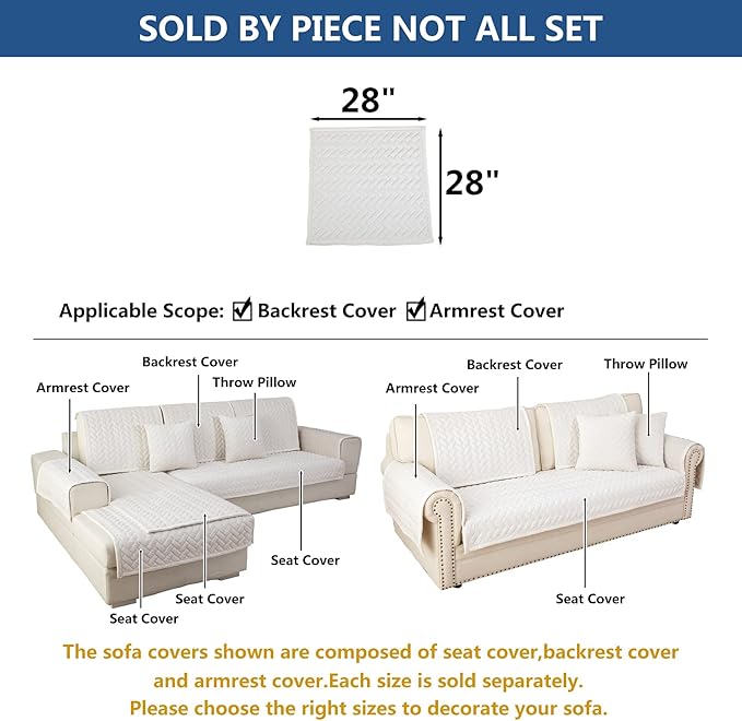 Eismodra Armrest Covers,Couch Cover,Sofa Cover,Backrest Covers,Anti-Slip Armchair Slipcovers for Dogs Cats Pet Loveseat Recliner Leather L Shaped,White 28 x 28 Inches (Only 1 Piece)