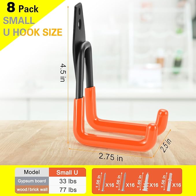 8 Pack Heavy Duty Garage Hooks Storage Organizer Wall Mount Power and Garden Tool Hangers, for Hanging Ladders, Ropes, Hose, Bulk Items