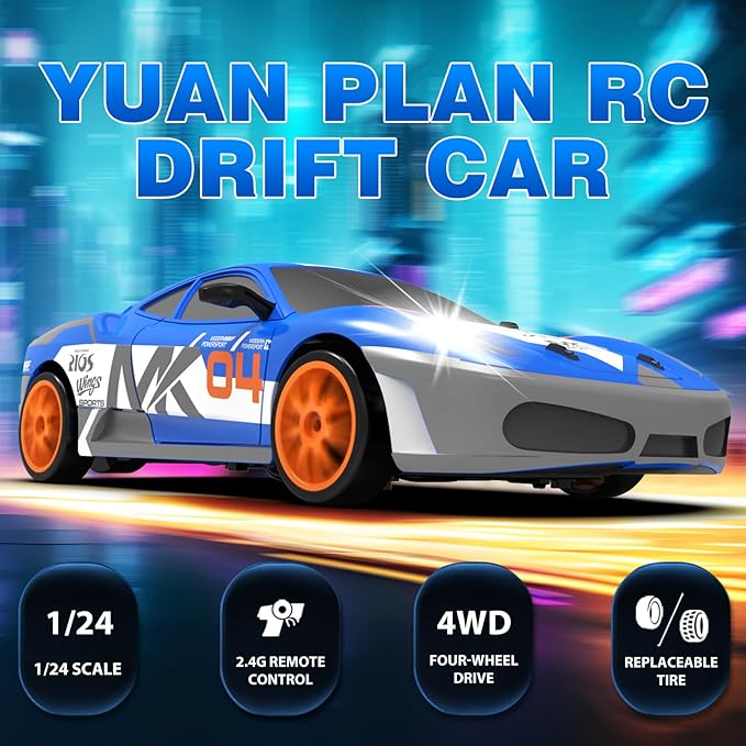 RC Drift Car 2.4GHz 1:24 Scale 4WD Remote Control Car 15KM/H High Speed Drifting RC Cars with Cool Lights, Two Batteries and Extra Tires Toys for Kids Boys Girls Adults, Blue