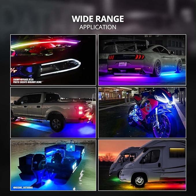 OPT7 Aura DreamColor Underglow Chasing Light Kit with APP & Remote Control, 4 PCS Flexible RGBIC LED Light Strips, Exterior Neon Accent Underbody Lights for Car Truck RV, Multi Colors Music Mode, 12V