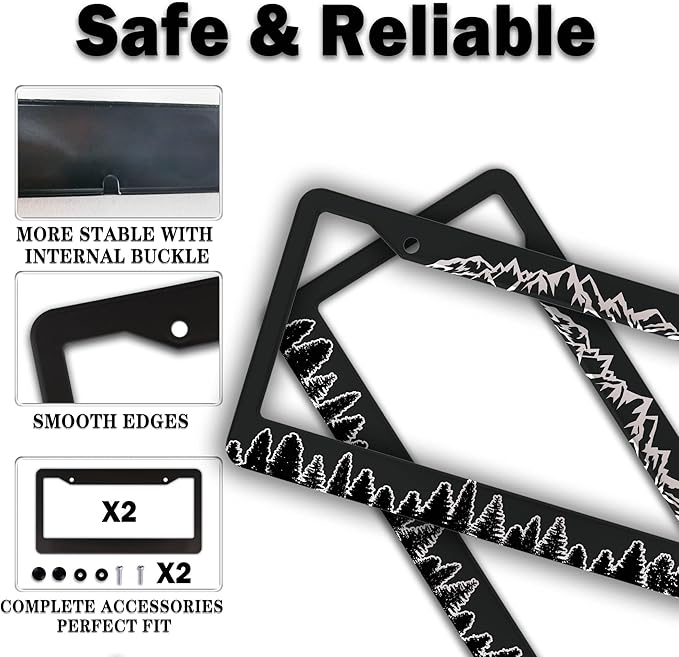 Car Plate Frames Black and White License Plate Bracket The Mountains are Calling Universal Aluminum Car Accessory 2 Pack with Screw Covers Set