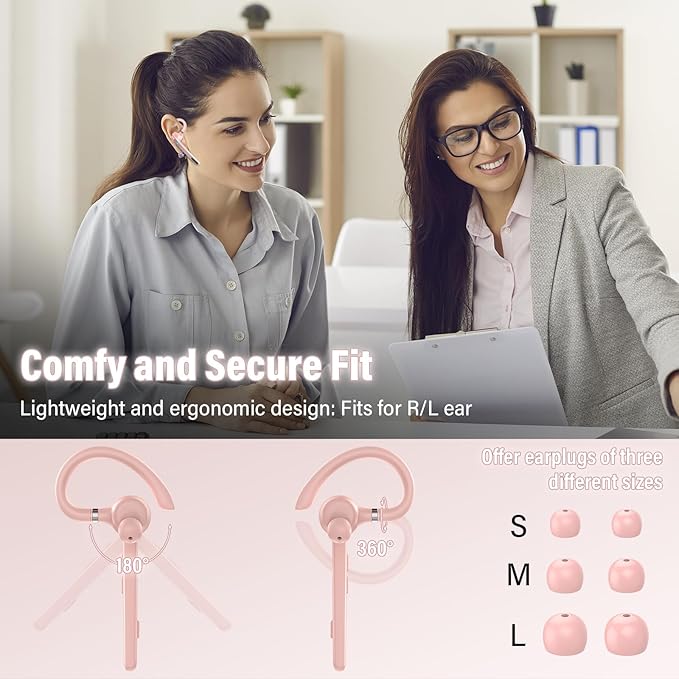 Bluetooth Headset, Wireless Bluetooth 5.3 Earpiece, 90Hrs Hands Free Headset with APTX HD Audio & Mute Button, Dual Noise Cancelling Mics, Single-Ear Headphone for Trucker/Business/Gym/Pink