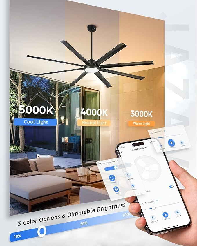 84 Inch Industrial Ceiling Fan with Light,Large Ceiling Fan with 8 Aluminum Blades,Work with Alexa,6-Speed Reversible DC Motor,3 CCT Settings,deal for Outdoor Spaces,CF04BK-84