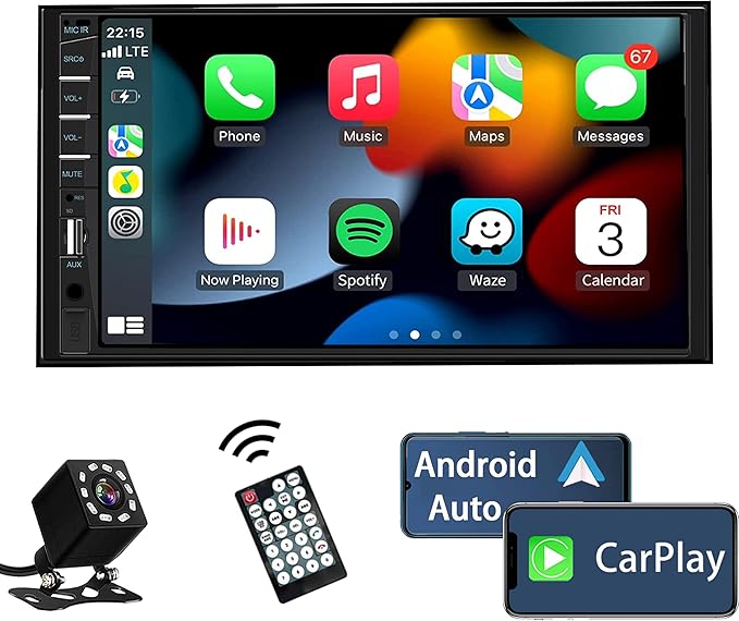 Naifay Double Din Car Stereo Compatible with Apple Carplay and Android Auto, 7 inch HD Touchscreen Car Radio Car Audio Receivers, Bluetooth, Backup Camera, Mirror Link, USB/AUX/TF/Subwoofer, FM Radio