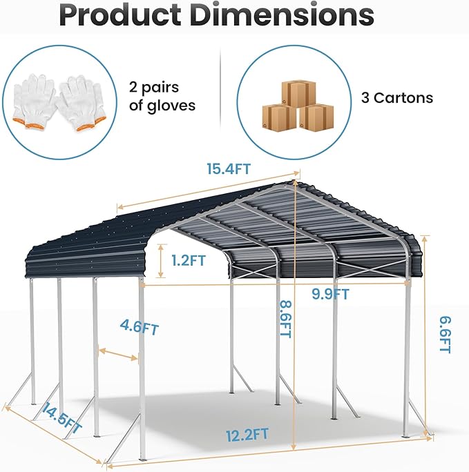 10x15ft Heavy Duty Metal Carport – Outdoor Galvanized Garage, Sturdy Structure, All-Weather Protection, Easy Assembly for Cars, Trucks, Boats, Tractors, and Outdoor Storage (Grey, 10x15FT)