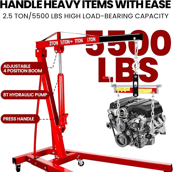 5500 Lbs Folding Cherry Picker Engine Hoist, 2.5 Ton Engine Crane with Lever, with 6 Casters, 8 Ton Hydraulic Pump 4 Adjustable Position, for Garage, Workshop, Repair (Red)