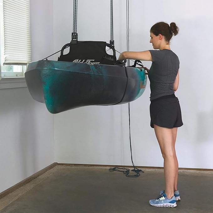 Teal Triangle Heavy Duty Elite Kayak Hoist, Easy-Lift Garage Pulley System, Holds 150 lbs, Fits 12-Foot+ Ceilings, Patented No-Slip Strap, No Setup Required