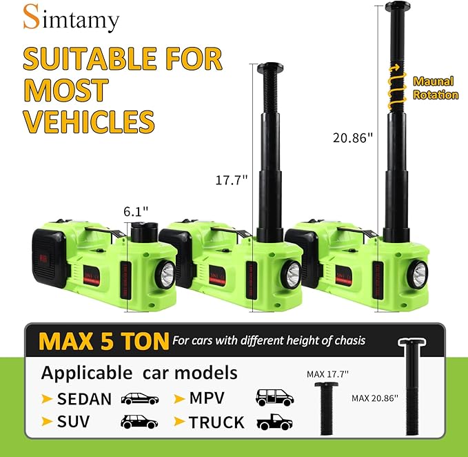 Electric Car Jack Kit 5Ton 12V Car Jack(Lifting Range: 6.1~20.86 inch) with Impact Wrench Tire Inflator for SUV MPV Sedan Truck Change Tires Garage Repair and Emergency Tire Change