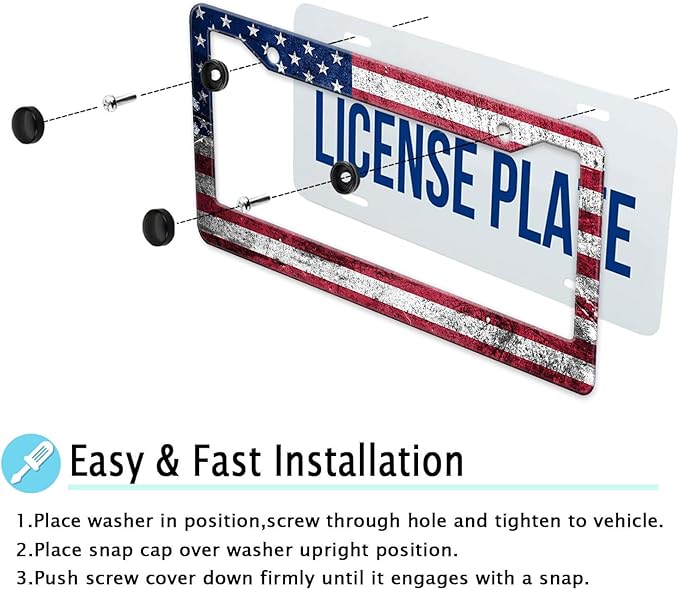 Vintage American Flag License Plate Frame, Retro USA Flag License Plate Holder Covers, Metal Aluminum Rustproof License Plate Frame Car Accessories for Women Men 2 Holes with Screw Caps