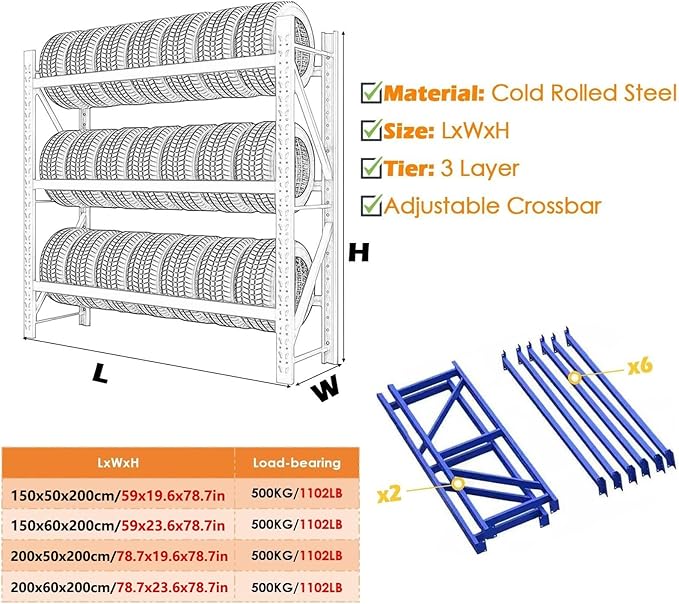 Adjustable Height Tire Storage Rack for Garage, Maximum Load 1100 lbs, Blue, 3 Tiers(59x19.6x78.7in)