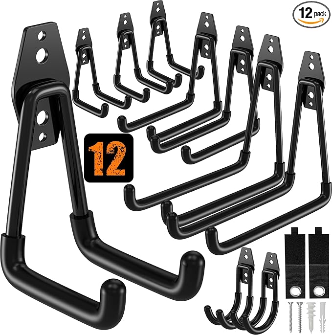 QcoQce 12 Pack Garage Hooks Heavy Duty, Wall Mount Utility Hooks with Extension Cord Straps, Anti-Slip Coating for Bike, Ladder, Hose, Garage Organization, Includes Screws (Black)