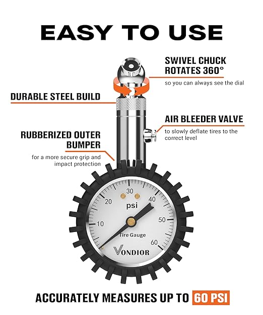 Tire Pressure Gauge - (0-60 PSI) Heavy Duty, Certified ANSI Accurate with Large 2 Inch Easy to Read Glow Dial, Low - High Air Pressure Gauge. Tire Gauge for Car and Trucks Tires by Vondior