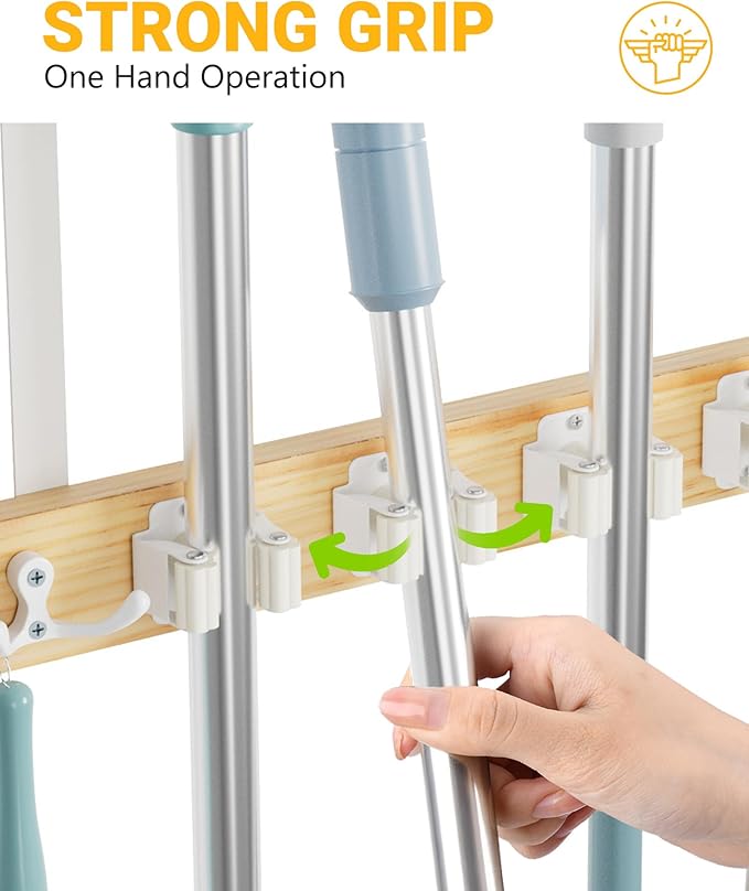 Lorbro Broom Holder Door Mount, Over the Door Broom and Mop Holder with 2 Over Door Hooks, Wood Broom Hanger, Tool Rack Organizer for Laundry, Garage, Closet, Kitchen Decor, 4 Slots & 4 Hooks Rustic