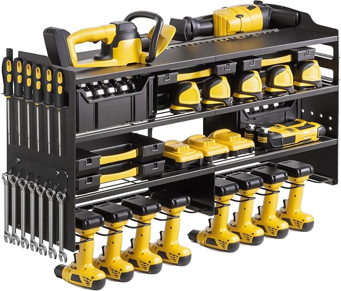 oviitech Power Tool Organizer Wall Mount, 8 Drill Holder Wall Mount Loads 400lbs, 4 Layer Heavy Duty Metal Power Tool Storage, Black, Utility Rack for Garage Workshop, Gifts for Men