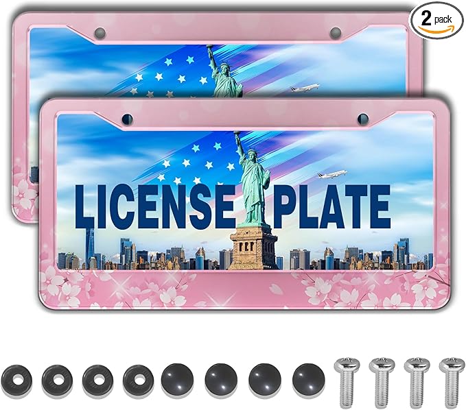 License Plate Frames for Girl Pink License Plate Cover for Women for Men Pink Floral Women Aluminum Metal Car Accessory 2 Pack with Screw Covers Set
