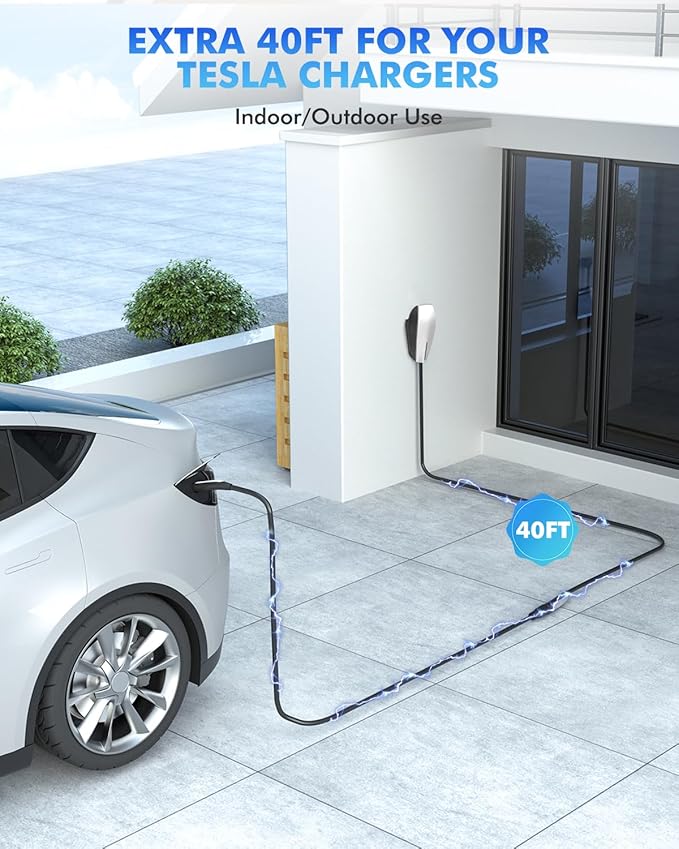 EV Charger Extension Cable for Tesla, 50Amp 40ft Up to 240V 12kW, NACS Plug EV Extension Cord for Tesla Wall Connector/Destination Charger, Compatible with Model Y/X/3/S (Not Fit Tesla Mobile Charger)