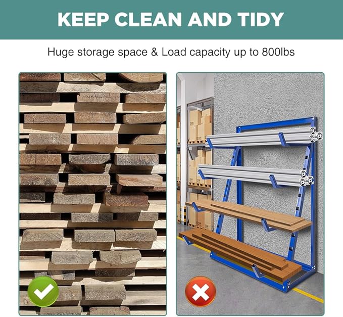 Yeeoy 4 Tier Steel Horizontal Lumber Storage Rack, Heavy Duty Pipe Organizer Shelf, Adjustable Bar Storage Cantilever Rack for Garage Workshop Shed Basement, 2000lbs Load Capacity, Blue