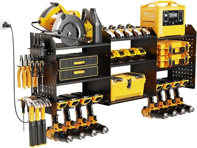 Power Tool Organizer with Charging Station Wall Mount, 3 Layer Expanded Heavy Duty Garage Organization, 45.5 Inch Length Garage Tool Storage, 8 Drills, 2 Assemble Method, Black