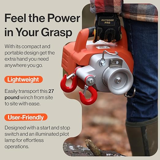 SuperHandy Electric Portable Capstan Winch, Brushless Motor, 1000-2000 lbs Max Pulling Force, Includes 100ft Low-Stretch Rope, Battery & Charger - Ideal for Forestry, Hunting, Off-Road