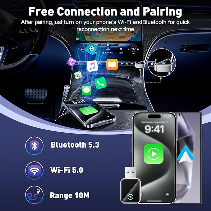 Wireless CarPlay Adapter for Apple iPhone, Fast Auto-Connect, No Latency, Plug and Play, Bluetooth 5.3 & WiFi 6, 2025 Mini Car Play Dongle for iPhone 6~16, Fit for 1000+ Cars, USB A/C