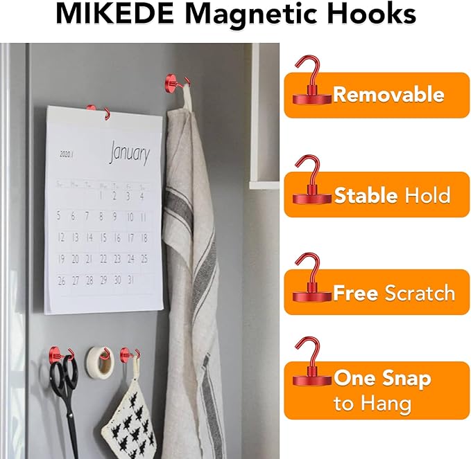 MIKEDE Magnetic Hooks Heavy Duty, 150LB Strong Magnet with Hook for Fridge, Super Neodymium Strength Industrial Hooks for Hanging, Magnetic Hanger for Toolbox, Cruise, Grill(Red,10 Pack)