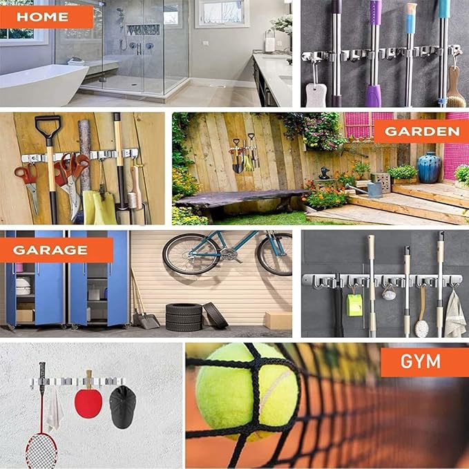 Mop and Broom Holder, 4 Positions 5 Hooks Heavy Duty Mop Hanger Wall Mounted Stainless Steel Organizer for Home Laundry Bathroom, Garage Storage Systems Utility Tools Rack