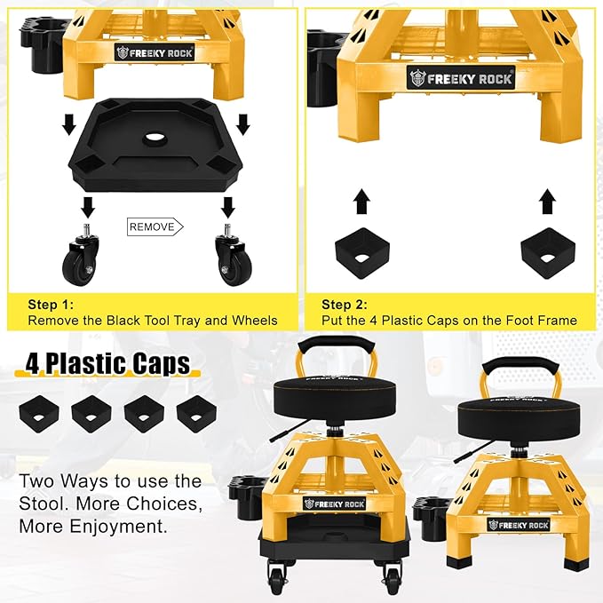 Rolling Shop Stool with Wheels, Heavy Duty Garage Work Mechanic Stool with Backrest, Adjustable Height 360°Swivel Rolling Chair with Tool Tray Storage, 330 LBS Capacity, Yellow