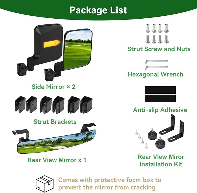 Golf Cart Mirrors Kit for EZGO Club Car Yamaha, No-Drilling Night Safety Reflective Design Golf Cart Side Mirror and Rear View Mirror Kit Universal Foldable and Adjustable Rotatable HD Glass