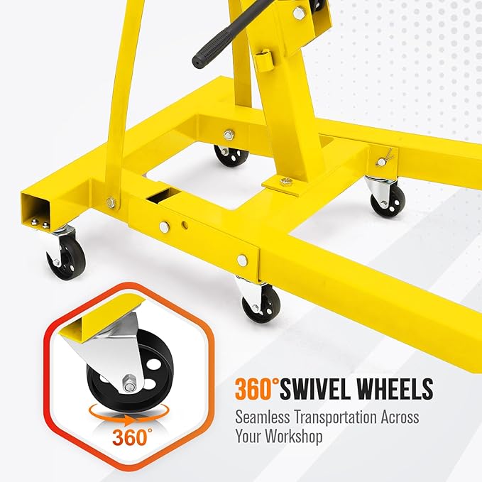 2 Ton Hydraulic Engine Hoist with Lever Stabilizer , Cherry Picker Engine Hoist, 4400LBS Heavy Duty Garage Crane with 6 Swivel Casters & Adjustable Telescopic Boom, for Auto Repair & Workshop (Yellow)
