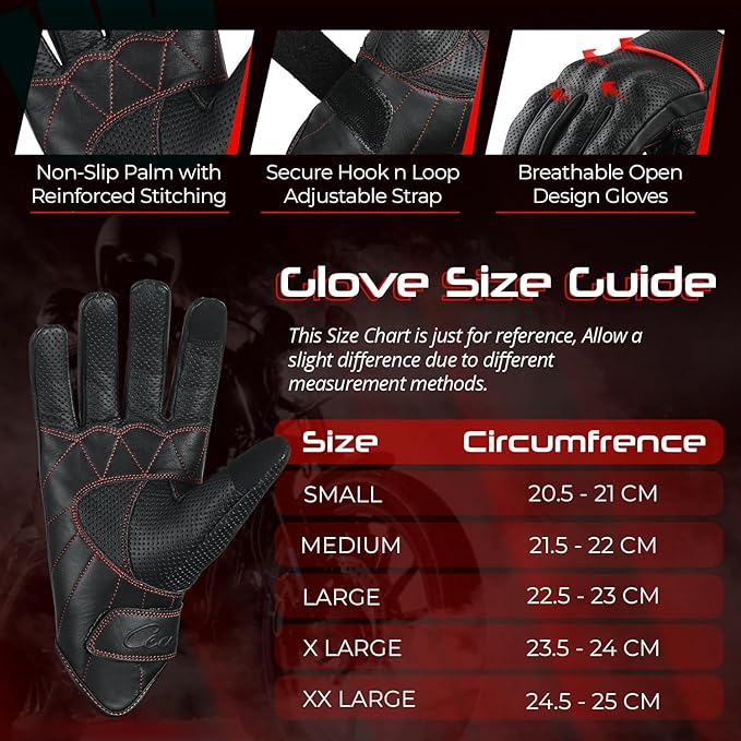aasportx Motorcycle Gloves - Men's Leather Motorbike Gloves with Touchscreen Function - Non-Slip Pads for Men & Women