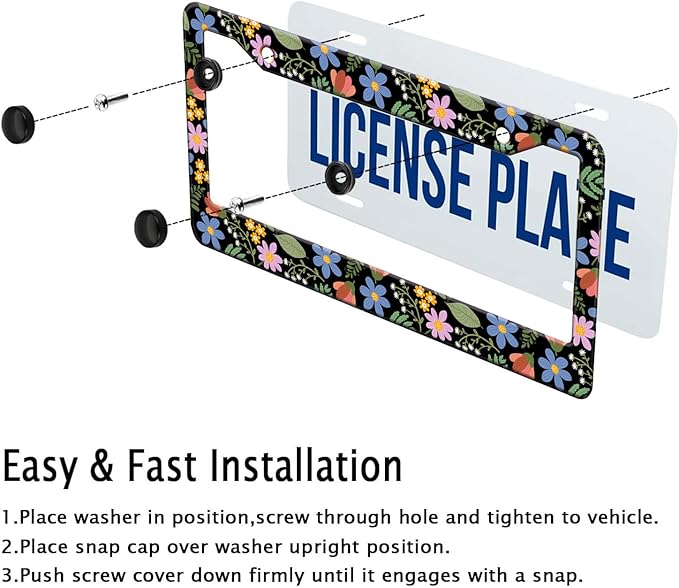 Florals License Plate Frame for Women, Blue Flowers License Tag Frames Holder Covers, Metal Aluminum Rustproof Car Accessories for Us Canada Standard, Girly Car Decorative with 2 Holes and Screw Caps