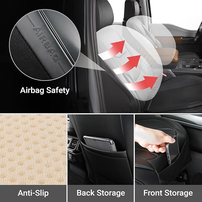 Coverland Custom Car Seat Covers Compatible with F150, Ram 1500 2500 3500, Tundra - Premium Leather Non-Slip Memory Foam Waterproof Interior Protector Front Seat-Black [See Size Chart-Size A25]