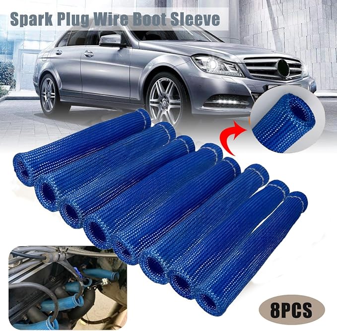 Spark Plug Wire Heat Shield 8PCS Spark Plug Boots Thermal Protection Sleeve 1200 Degree 6 inch Spark Plug Heat Cover Wrap for Car Truck (Blue)