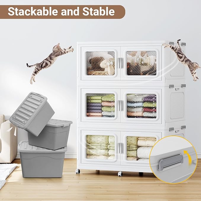 1200 Qt Stackable Storage Bin with Lid, 300Gal Extra Large Collapsible Storage Boxes, Folding Plastic Drawer, Heavy-Duty Store Cabinet, Closet Organizer for Home Kitchen, 4 Pack White
