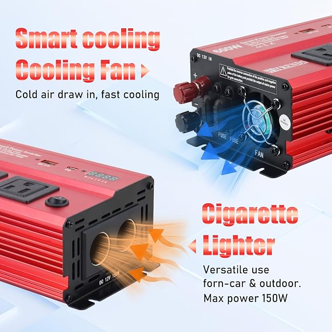 HITRENDS 600W Car Inverter, 12V DC to 110V AC, with 2 AC outlets, USB QC (18W) and Type-C (30W), Perfect for Camping, RVs, laptops, CE, FCC, ROHS Certified