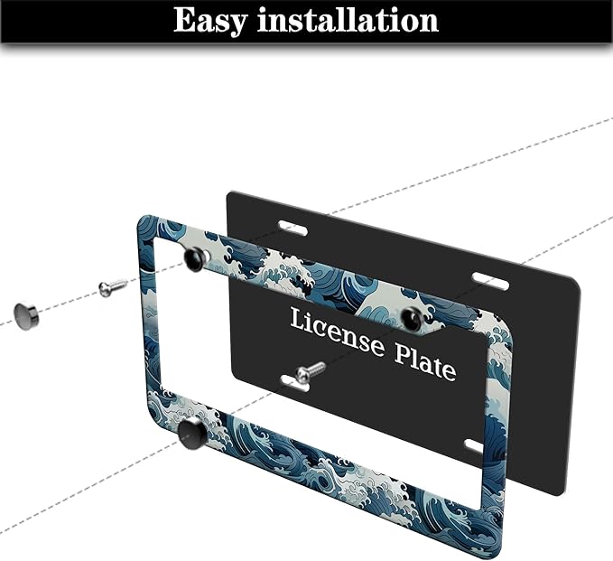 License Plate Frames for Men Multicolor License Plate Frame Holder for Women Ocean Waves Aluminum Metal Car Accessory 2 Pack with Screw Covers Set