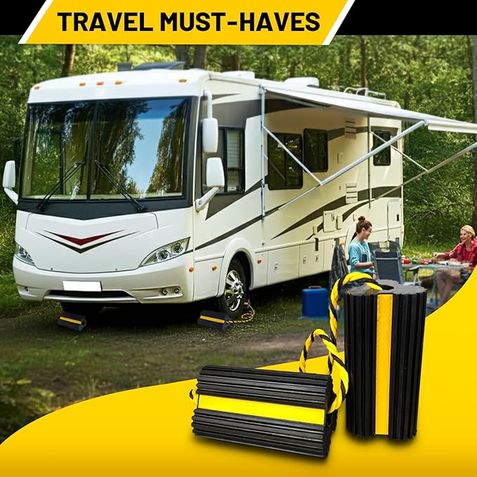 ROBLOCK Heavy Duty Wheel Chocks, Rubber Wheel Block Non-Slip Base with Nylon Rope Yellow Reflective Tape - 1 Pair Black, Wheel Stoppers for Travel Trailers, RV, Aircraft, Car, Camper, Truck