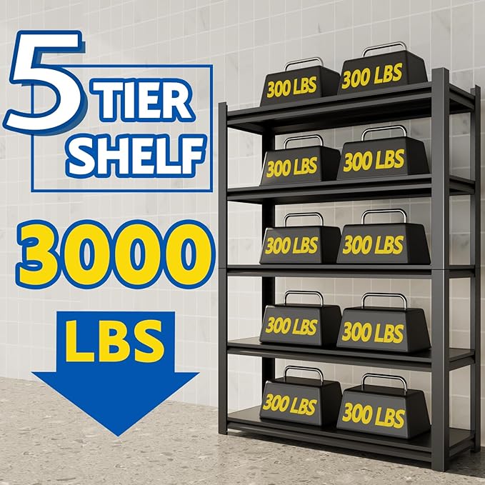 72''H Garage Shelving Heavy Duty, 3000LBS Storage Shelves, 5-Tier Adjustable Metal Shelve Storage Shelf Rack, Industrial Shelving Unit for Garage, Warehouse, Basement (47" W x 23.6" D x 72" H)