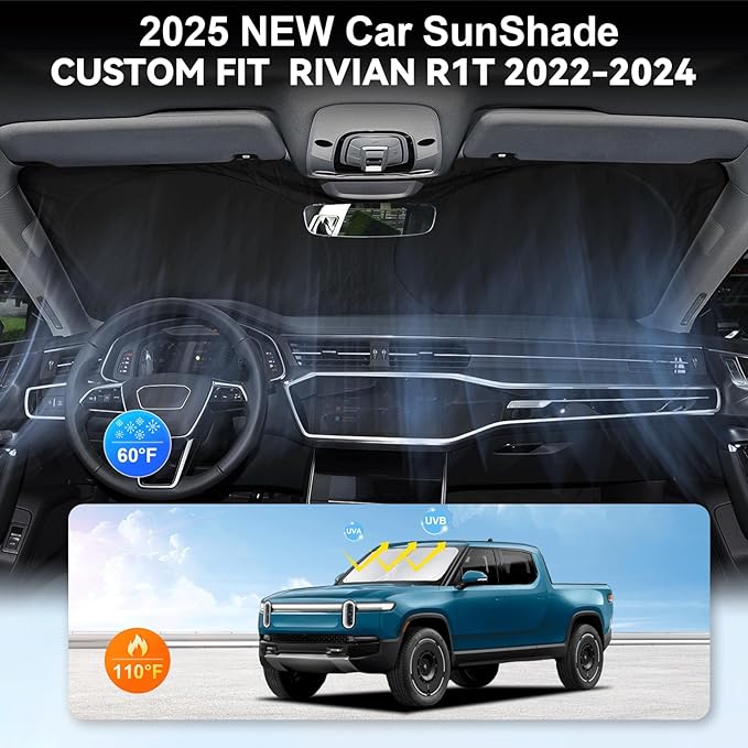 Custom Fit Rivian R1T Windshield Sunshade for 2022-2023 2024 2025 Rivian R1T Accessories Front Window Sun Shades Shield Cover for Windshield Foldable 210T Sun Visor Protector Blocks UV Ray
